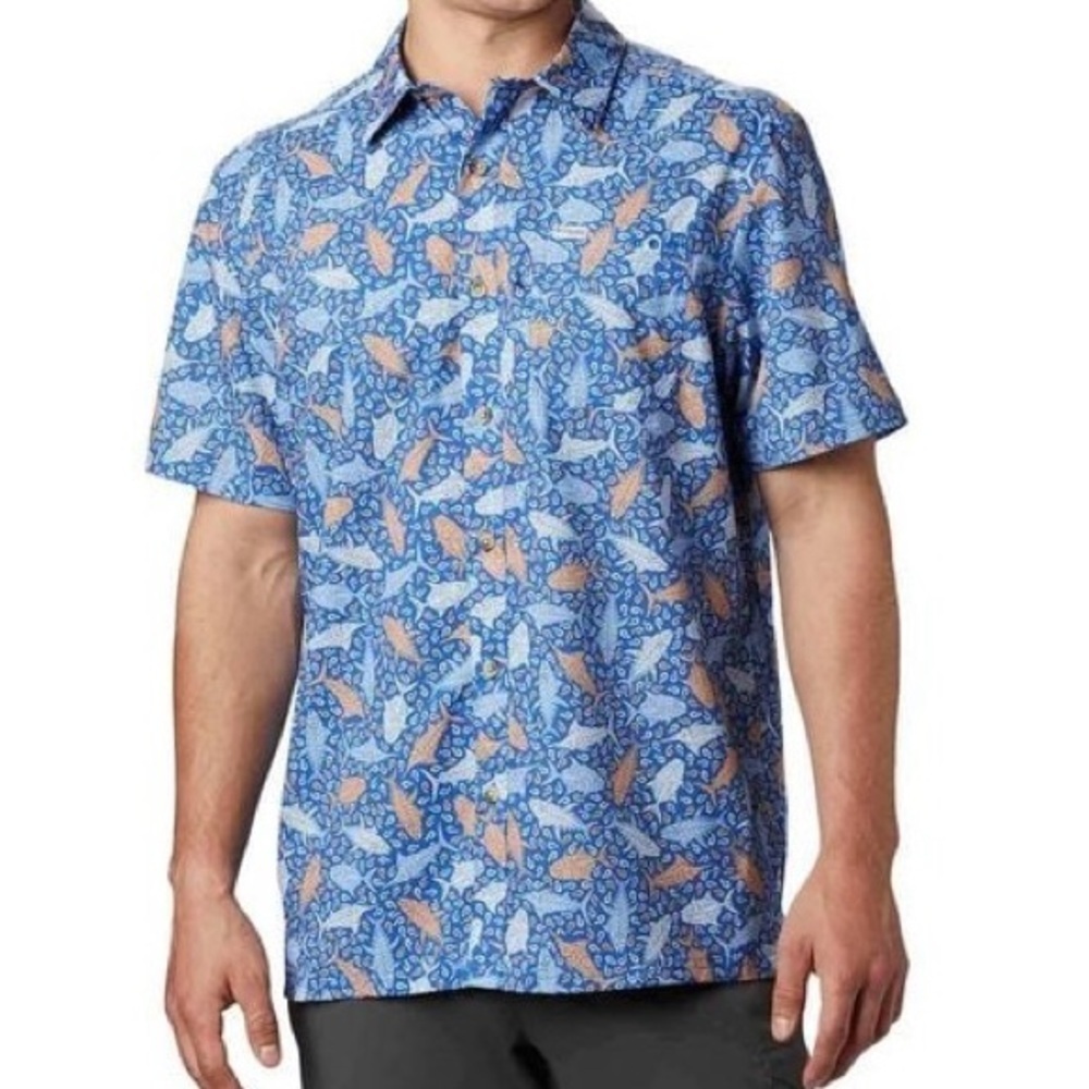 Columbia Super Slack Tide Camp Fishing Shirt M Blue Orange